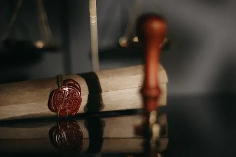 Last will theme. Document with wax seal and stamp in notary office Stock Photos