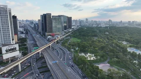Lat Phrao intersection with multiple elevated roads Stock Footage 333720795