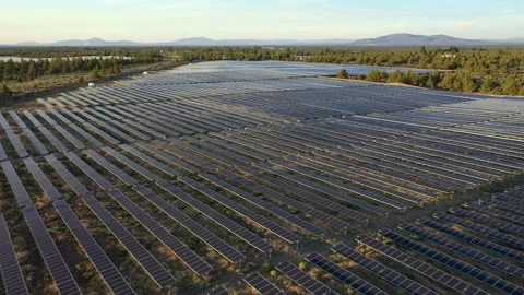 Late afternoon pulling back shot of solar farm and panels Stock Footage 160888260