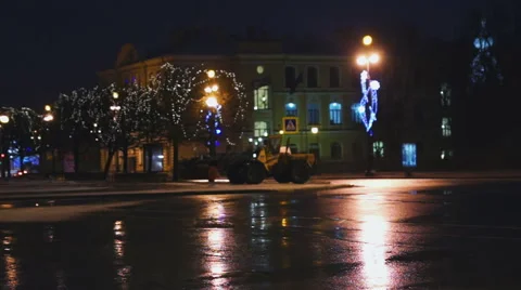 Late evening city view with working snow-plough. Stock Footage 40809024