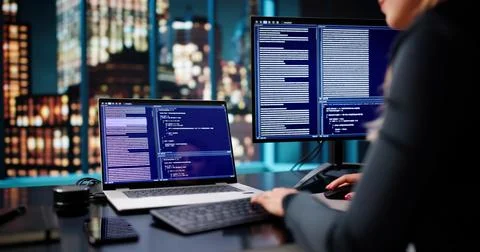 Late-night Programmer Creates Software At Office Using Desktop Computer. Woma 스톡 사진