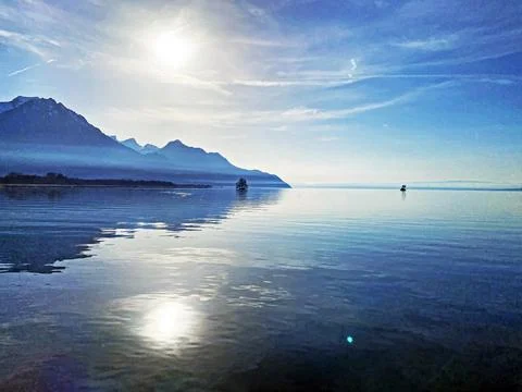 Late spring afternoon over the eastern shore of Lake Geneva (lac de Genève) Stock Photos