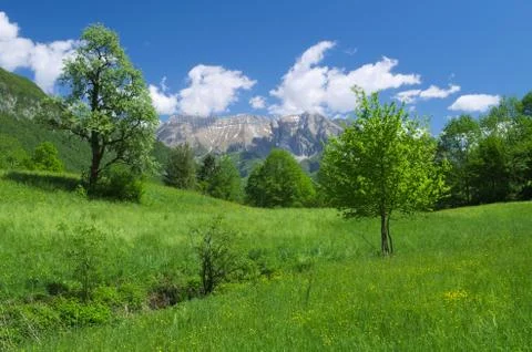 Late spring view of the alpine valley of Kobarid Stock Photos