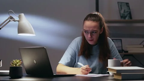 Late study online learning girl laptop task coffee Stock Footage 150921692