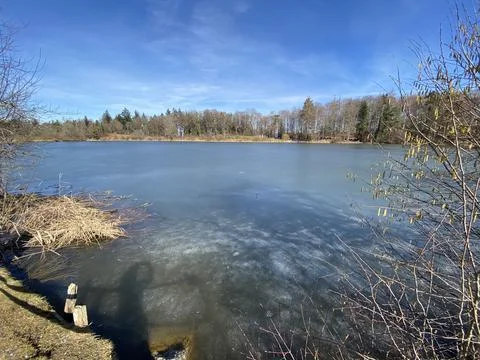 Late winter and early spring on the Bergweiher pond and on the Horgenberg hill Stock Photos