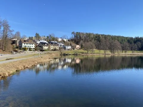 Late winter and early spring on the Gattikerweiher pond, Gattikon Stock Photos