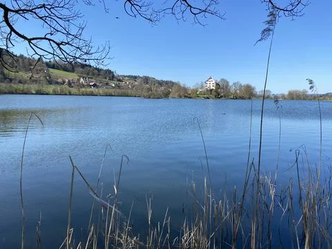 Late winter and early spring on the lake Mauensee or Lake Mauen (Mauesee) 스톡 사진