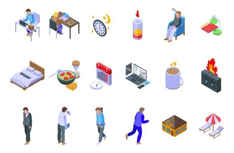 Late work icons set isometric vector. Daily hour Stock Illustration