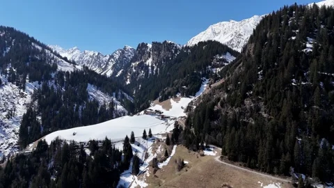 Lateral Drone Flight to the Left Over Snowy and Forested Mountains in So Vídeo Stock 336887285