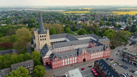 Lateral Drone Flight Left to Right with Brauweiler Abbey Centered in Pulheim Stock Footage 312526320