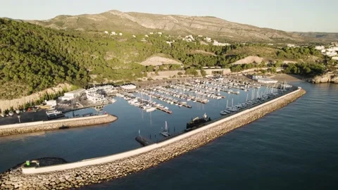 Lateral drone flight view of a Small sports nautical club showing several Stock-Footage 170136605