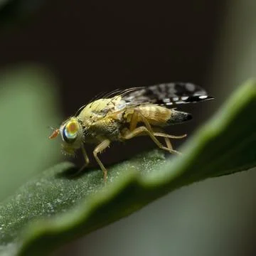 Lateral macro view of the multicolored fly Sphenella marginata, isolated in.. Stock Photos