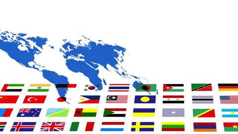 Lateral Movement of National Flags and Perspective World Map Stock Footage 332457471