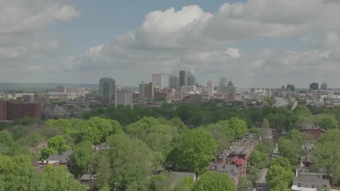 Lateral tracking drone of large buildings in Louisville, Kentucky Stock Footage 333176997