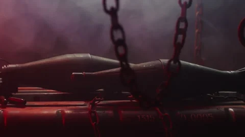 Lateral tracking shot of bombshells, with chains in the foreground, and a red Stock Footage 337727100