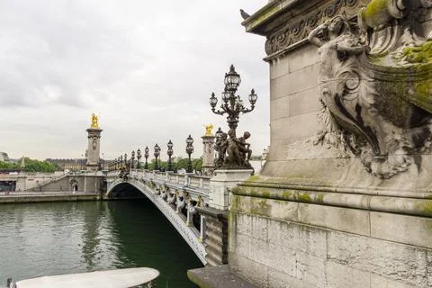Lateral view of Alexander Bridge over the Seine River in central Paris on a Stock Photos