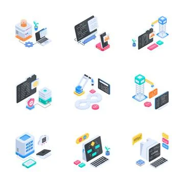 Latest isometric illustration featuring software development workspace for イラスト素材