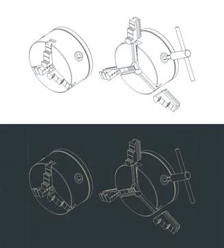 Lathe chuck with chuck key isometric technical blueprints Stock Illustration