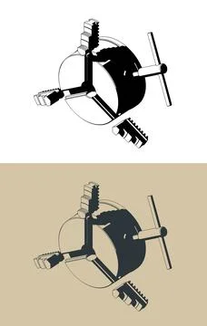 Lathe chuck with chuck key isometric technical illustrations Stock Illustration