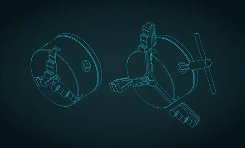 Lathe chuck with chuck key isometric technical blueprints illustration Stock Illustration