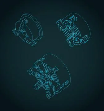 Lathe chuck isometric blueprints mini set Stock Illustration