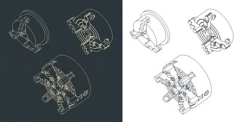Lathe chuck mini set isometric drawings Stock Illustration