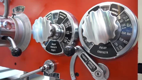 Lathe control knobs. Levers, pulleys and scales provide complete control  Video stock 98224903