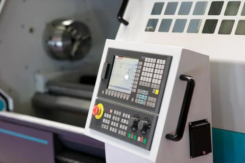 Lathe machine with CNC control console Stock Photos