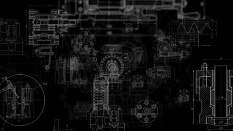 Lathe machine engineering blueprints with technical drawings, measurements Stockbeeldmateriaal 340086860