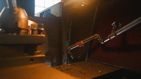 Lathe machine with rotating drum and connected cooling pipe Stock Footage 243307004
