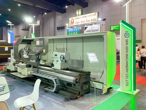Lathe machine for scan part working show it to customers in Metalex exhibition Stock Photos
