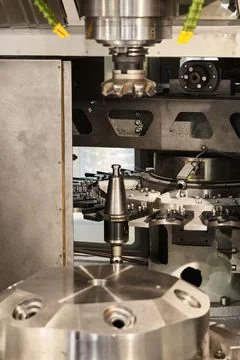 Lathe machine tool with cooling system in metalworking plant Stock Photos