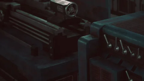 Lathe machine in a workshop setting during evening hours Stock Footage 339489113
