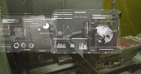 Lathe starting initiating machining workpiece as HUD panels appearing updating Stock Footage 320089462