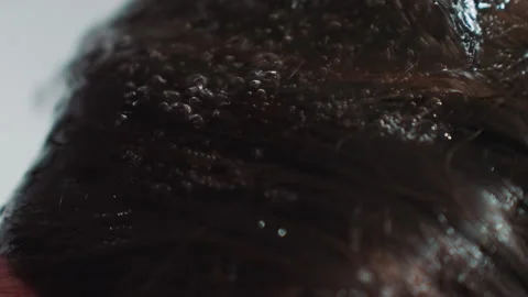 Lather foam bubbles closeup wet hair showing suds and texture, shampoo action Stock Footage 323119702