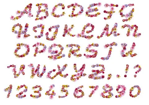 Latin alphabet with cursive letters made up of different flowers and butterfl Stock Illustration