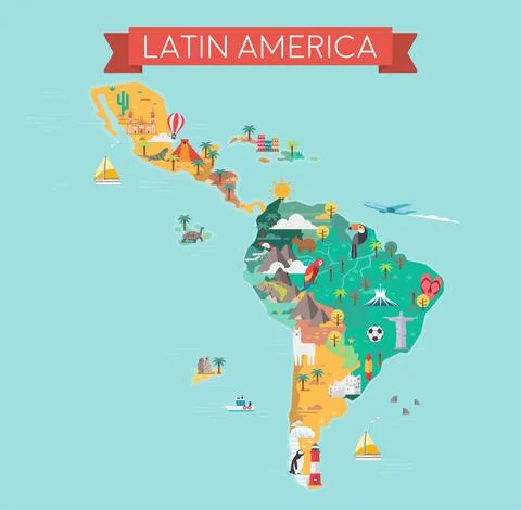 Latin America map. Tourist and travel landmarks Stock Illustration