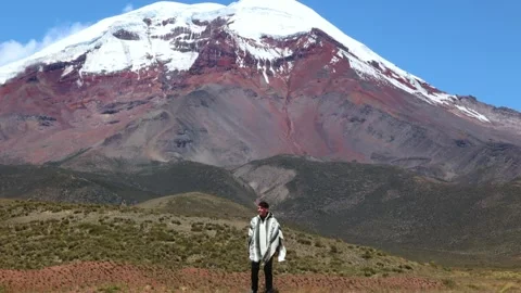 Latin man in poncho posing in front of Chimborazo volcano (6,263 m), Ecuador Stock Footage 278327009