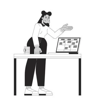 Latina office worker explaining data table on laptop bw 2D line character Stock Illustration