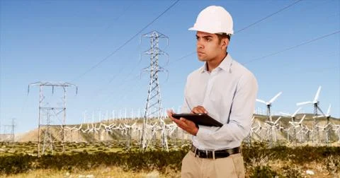 Latino millennial Engineer checking on wind turbines for renewable energy Stock Photos