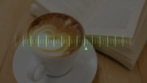 Latte art coffee cup being rendered in flat design, with open book and sound Stock Footage 307445979