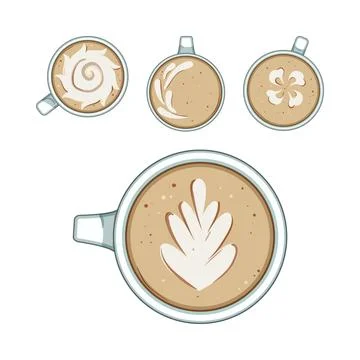 Latte art coffee cups with creative designs Stock Illustration