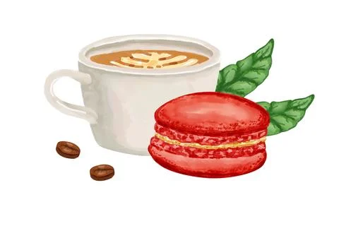 Latte art with red macaron and coffee beans Ilustração Stock