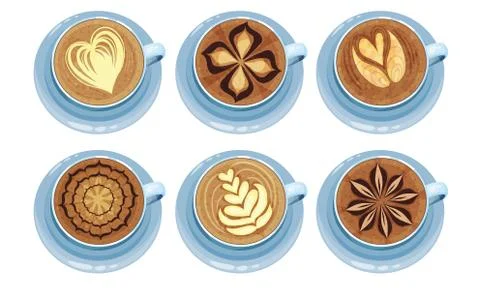 Latte Art. Top View Coffee Foam Drawing Vector Illustration Collection Stockillustratie