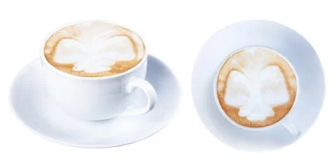 Latte coffee in a ceramic dish, isolate on a white background, two angles. Stock Photos