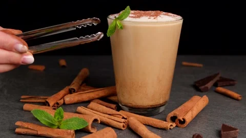 Latte or cocoa, milk or chocolate shake in  Glass Stock Footage 154631282