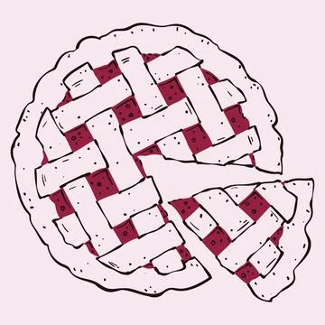 Lattice Berry Pie with Cut Slice and Woven Crust Strips. Hand Drawn Doodle .. Stock Illustration
