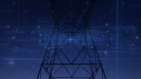 Lattice grid tower pulsing central node, sending sparks camera descending, HUD Stock Footage 332899976