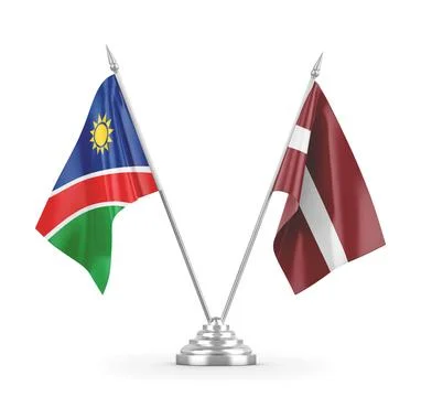 Latvia and Namibia table flags isolated on white 3D rendering Stock Illustration