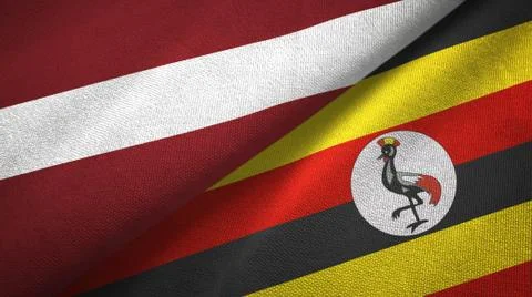 Latvia and Uganda two flags textile cloth, fabric texture Stock Illustration